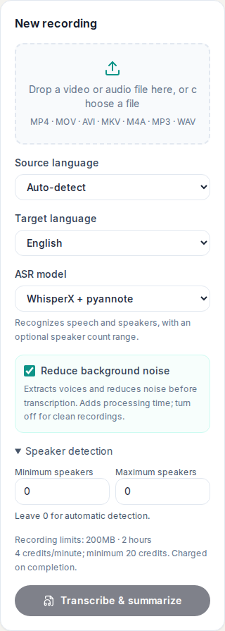 Choose languages, an ASR model, noise reduction, and optional WhisperX speaker counts.