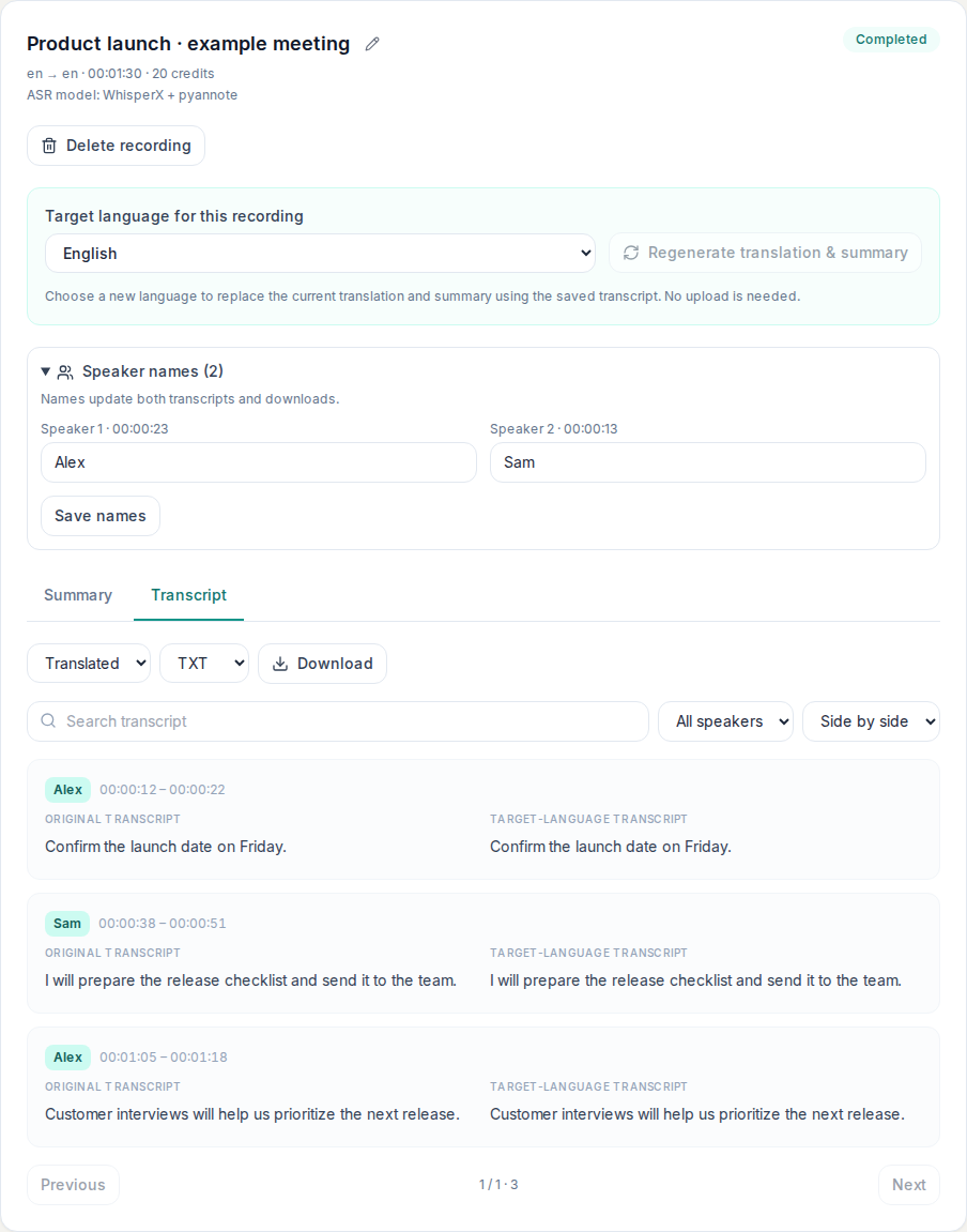 Review speaker names and compare the original transcript with its translation.